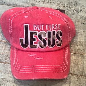 Pink Distressed Cap - 'But First Jesus'
